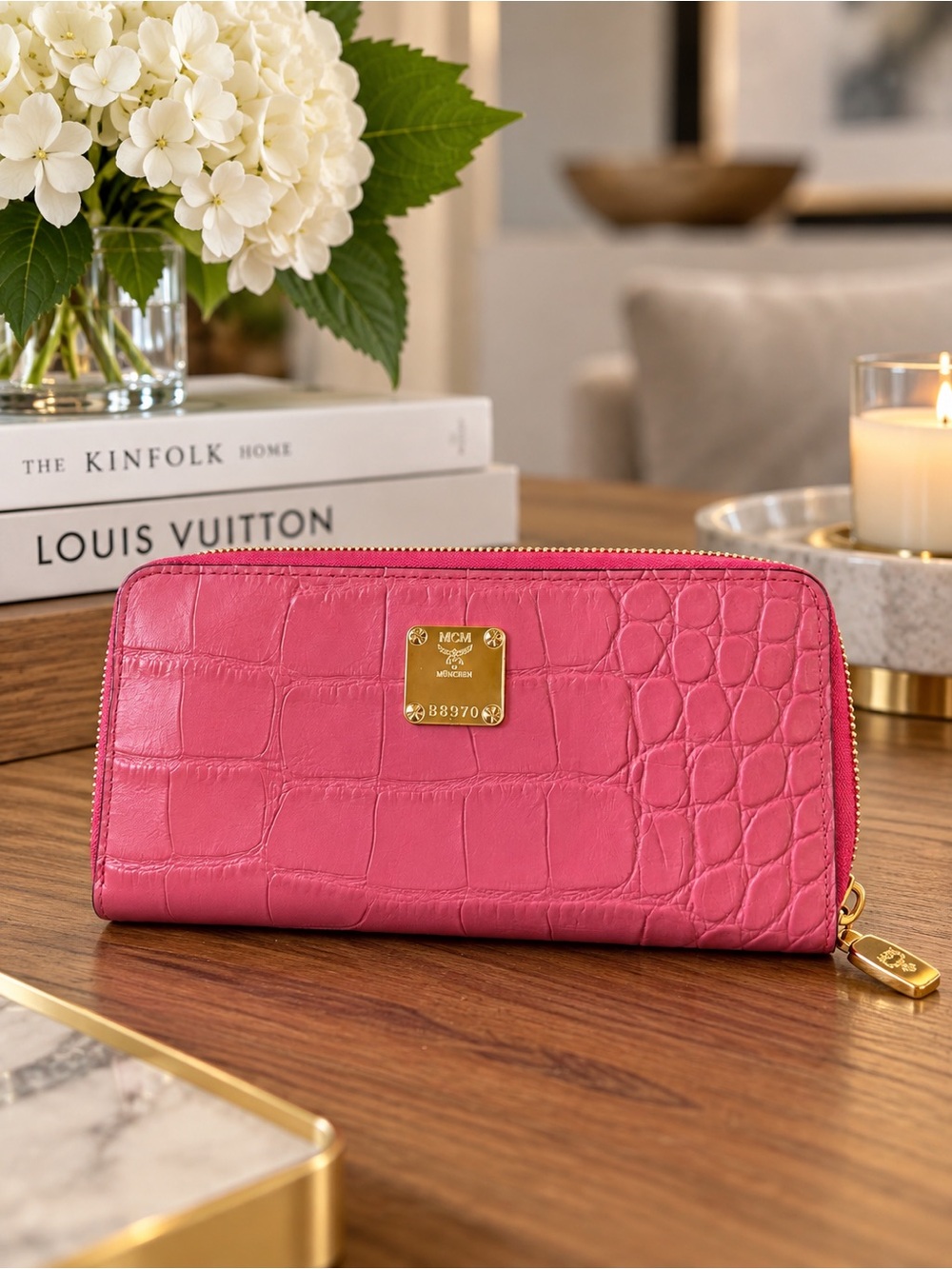 MCM Pink Croc-Embossed Zip Wallet with Gold Plaque